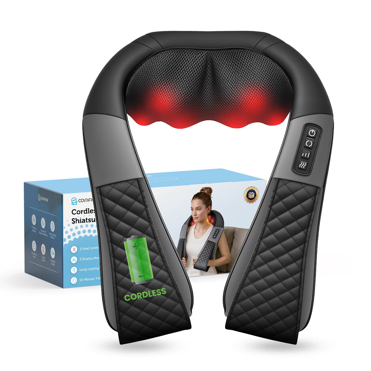 Cordless Neck Back Massager with Heat, 4D Shiatsu Shoulder Massager for Pain Relief, Rechargeable